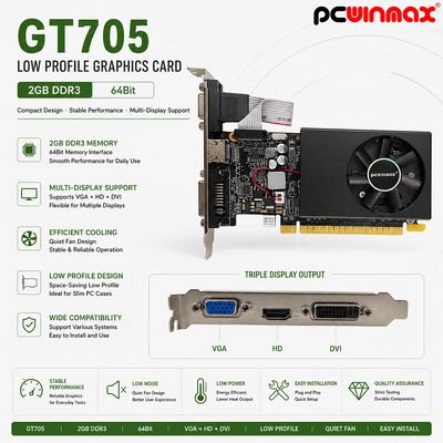 PCWINMAX GT 705 2GB 64Bit GDDR3 à faible profilé avec un seul ventilateur VGA DVI HD Port carte graphique GPU pour ordinateur de bureau