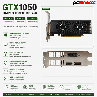 PCWINMAX GTX 1050 carte graphique de bureau 2 Go 128 bits GDDR5 à faible profilé double ventilateur