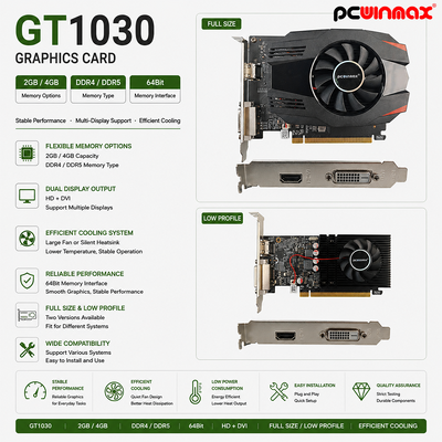 PCWINMAX GT 1030 2 Go carte graphique GDDR5 ATX 64 bits avec un seul ventilateur HD carte vidéo de bureau DVI