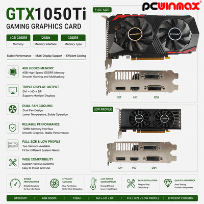 PCWINMAX GeForce GTX 1050 Ti Carte graphique 4 Go DDR5 128 bits Doubles ventilateurs 650 MHz 1800 MHz Fréquence 1050 Ti Graphique de bureau