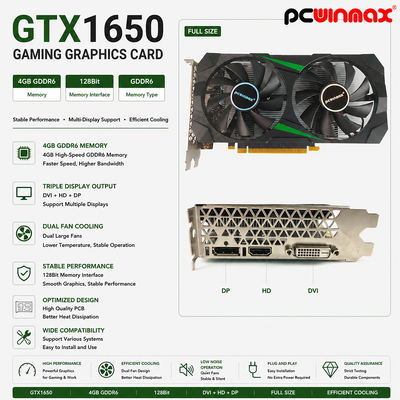 PCWINMAX GeForce GTX 1650 4GB GDRR6 128Bit HD DP Sortie DVI Prise en charge de la carte graphique DirectX 12 VR prête OC