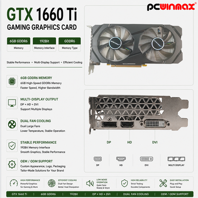 PCWINMAX Geforce GTX 1660 Ti carte graphique GPU de 6 Go 192 Bit 1500MHz/1770MHz HD DP DVI 14Gbps Mémoire
