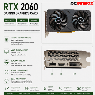 PCWINMAX Geforce RTX 2060 6GB GDDR6 192Bit 1680MHz Carte graphique de jeu à double ventilateur avec HD / DP / DVI en stock pour les ordinateurs de bureau